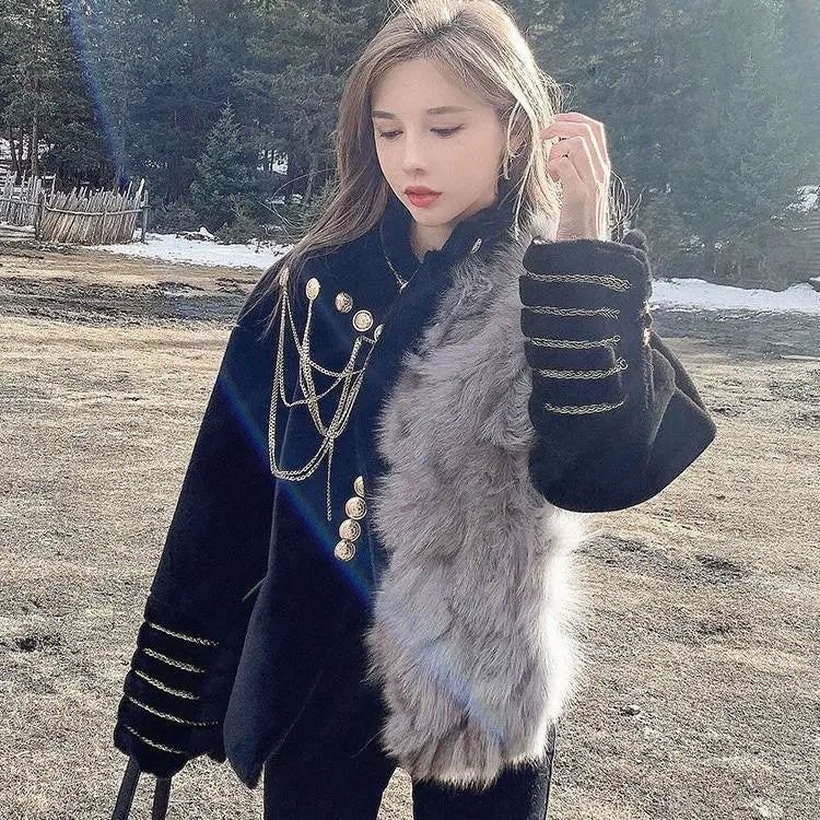 Faux Fox Fur Jacket with Gold Buckles and Chain