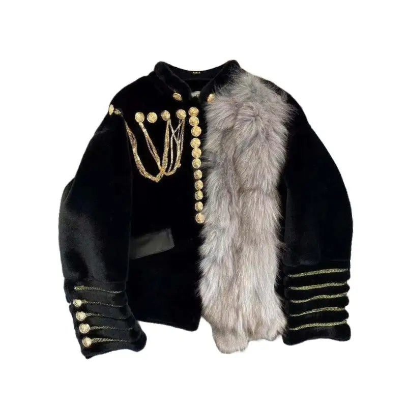 Faux Fox Fur Jacket with Gold Buckles and Chain Black / S