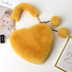 Faux Fur Heart Shaped Small Handbag - Mustard - Bag