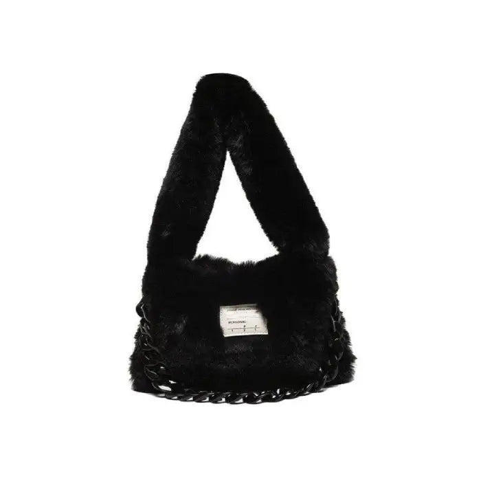 Faux fur Plush Chain Shoulder Handbag - Black / One Size