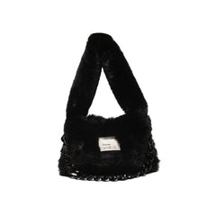 Faux fur Plush Chain Shoulder Handbag - Black / One Size -
