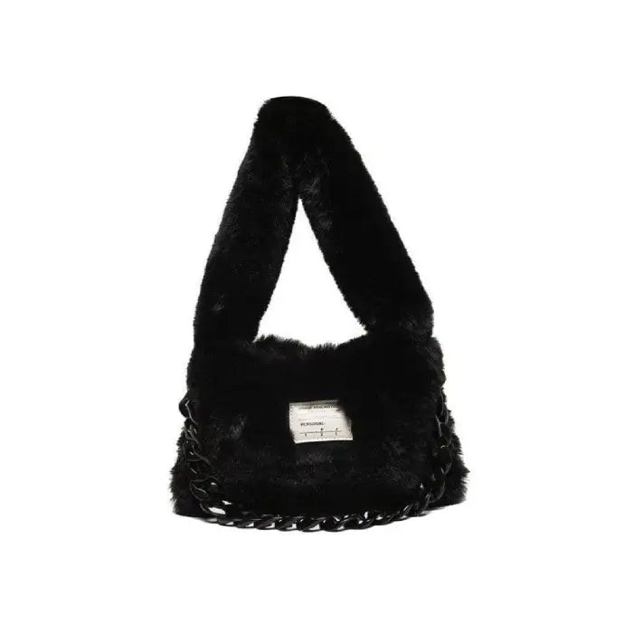 Faux Fur Plush Chain Shoulder Handbag for Parties Black