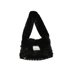Faux Fur Plush Chain Shoulder Handbag for Parties Black