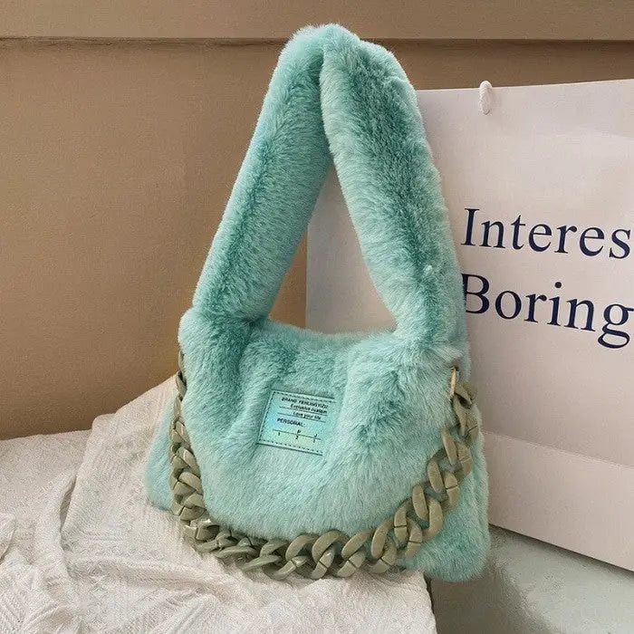 Faux Fur Plush Chain Shoulder Handbag for Parties Green