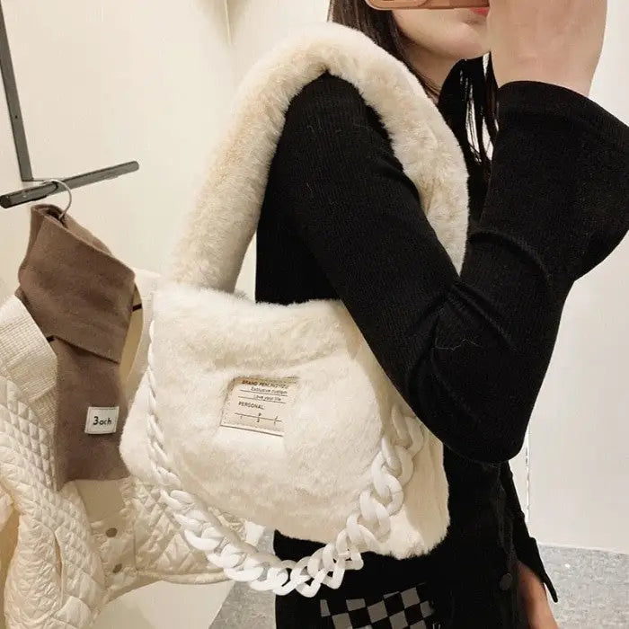 Faux Fur Plush Chain Shoulder Handbag for Parties