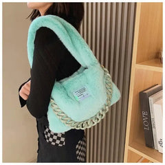 Faux Fur Plush Chain Shoulder Handbag for Parties