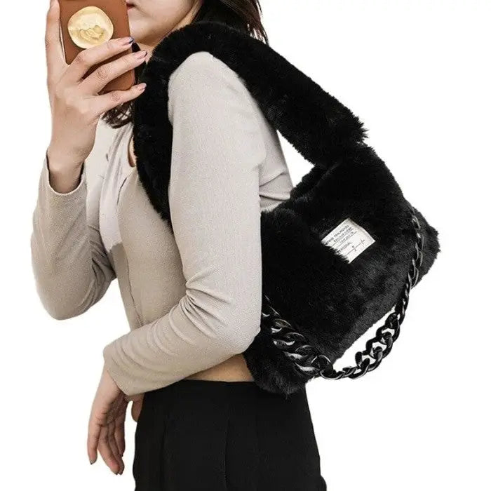 Faux Fur Plush Chain Shoulder Handbag for Parties