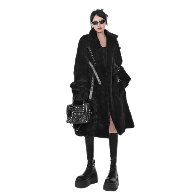 Faux Fur Punk Belt Fluffy Long Coat
