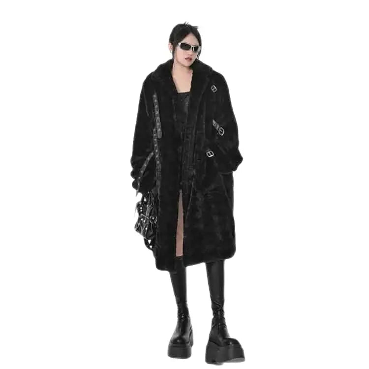 Faux Fur Punk Belt Fluffy Long Coat