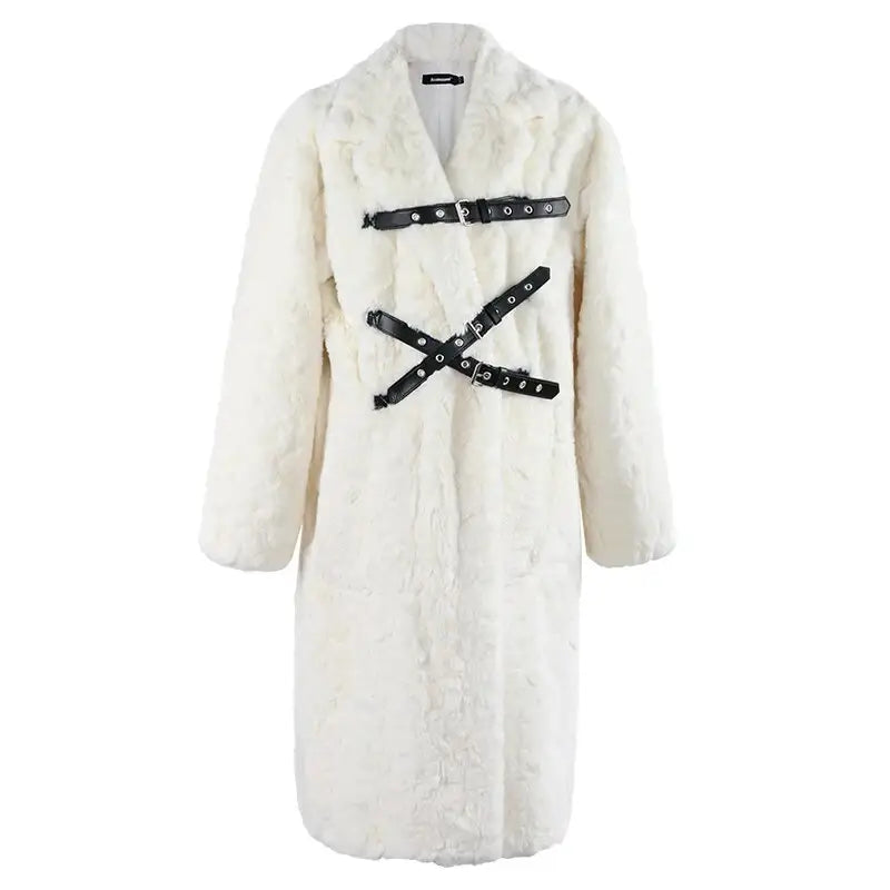 Faux Fur Punk Belt Fluffy Long Coat Beige / S
