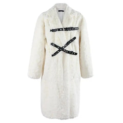 Faux Fur Punk Belt Fluffy Long Coat Beige / S