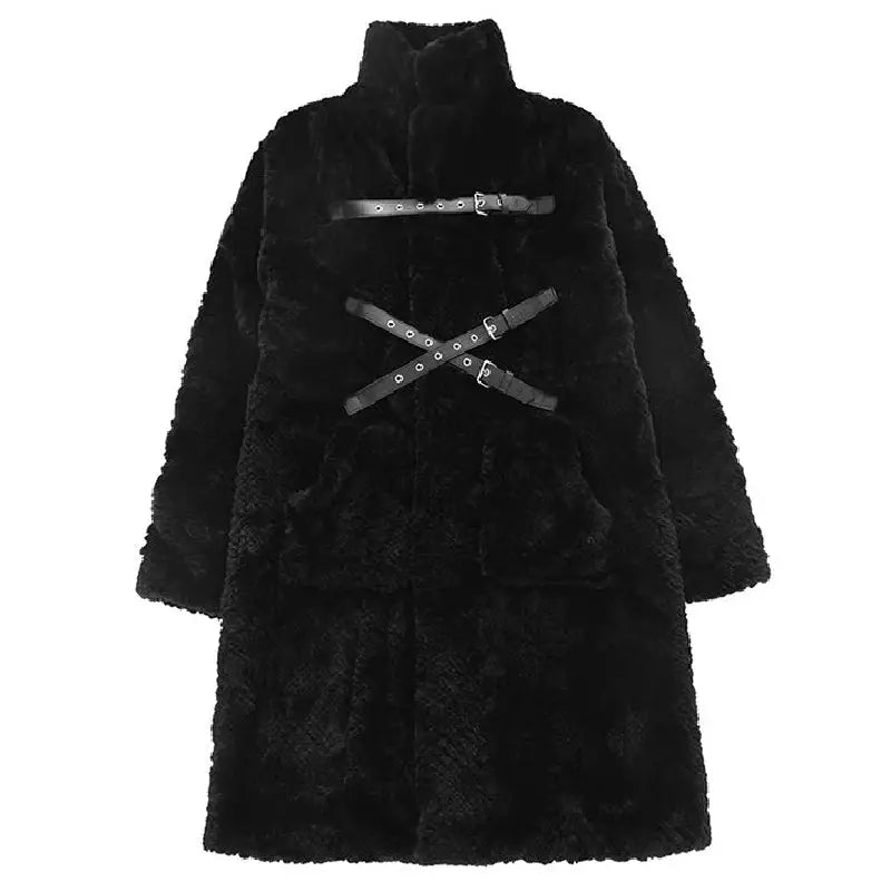 Faux Fur Punk Belt Fluffy Long Coat Black / S