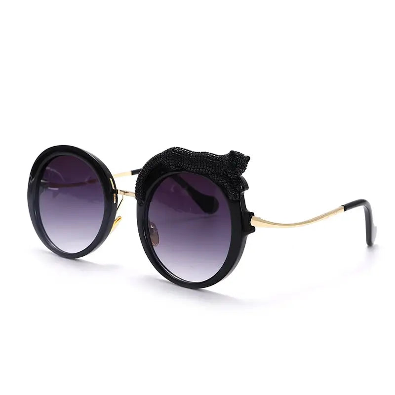 Feline Retro Round Frame Blue Light Glasses Black.