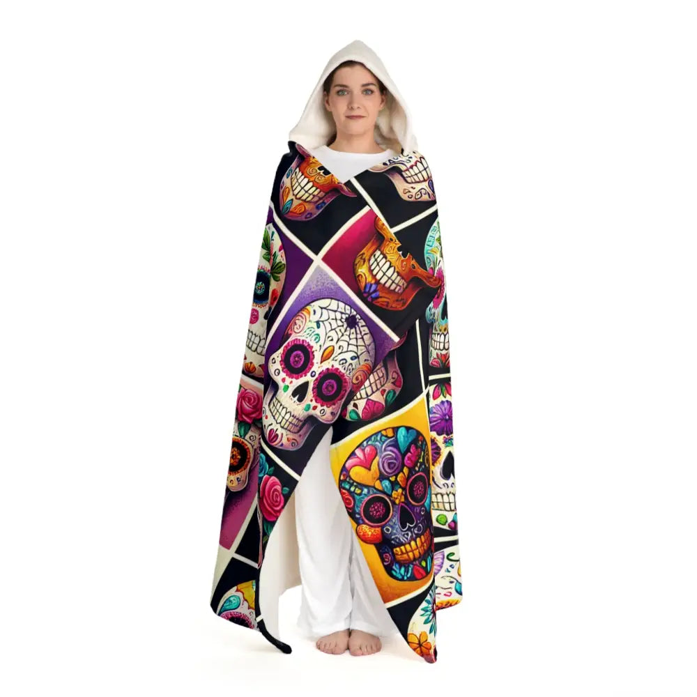 Festive Hooded Sherpa Fleece Blanket with Sugar Skulls