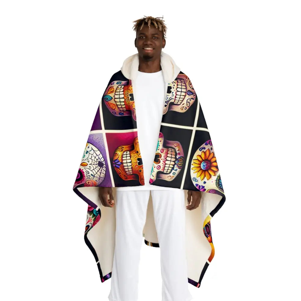 Festive Hooded Sherpa Fleece Blanket with Sugar Skulls
