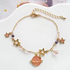 Five Pointed Star and Planet Bracelet - Pink / One Size