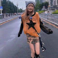 Five-Pointed Star See-Through Sweater for Women Coral Red