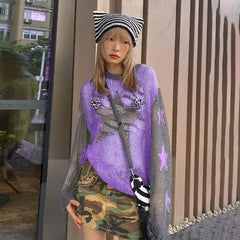 Five-Pointed Star See-Through Sweater for Women Purple