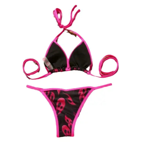 Flame Halter High Waist Bikini with Thong and Shorts