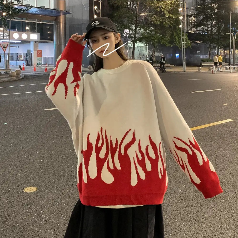 Flame Print Knitted Oversize Sweater