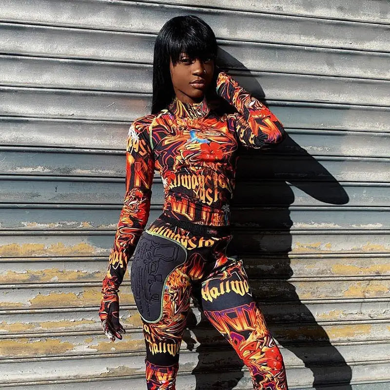 Flame Print Long Sleeve Blouse for Women