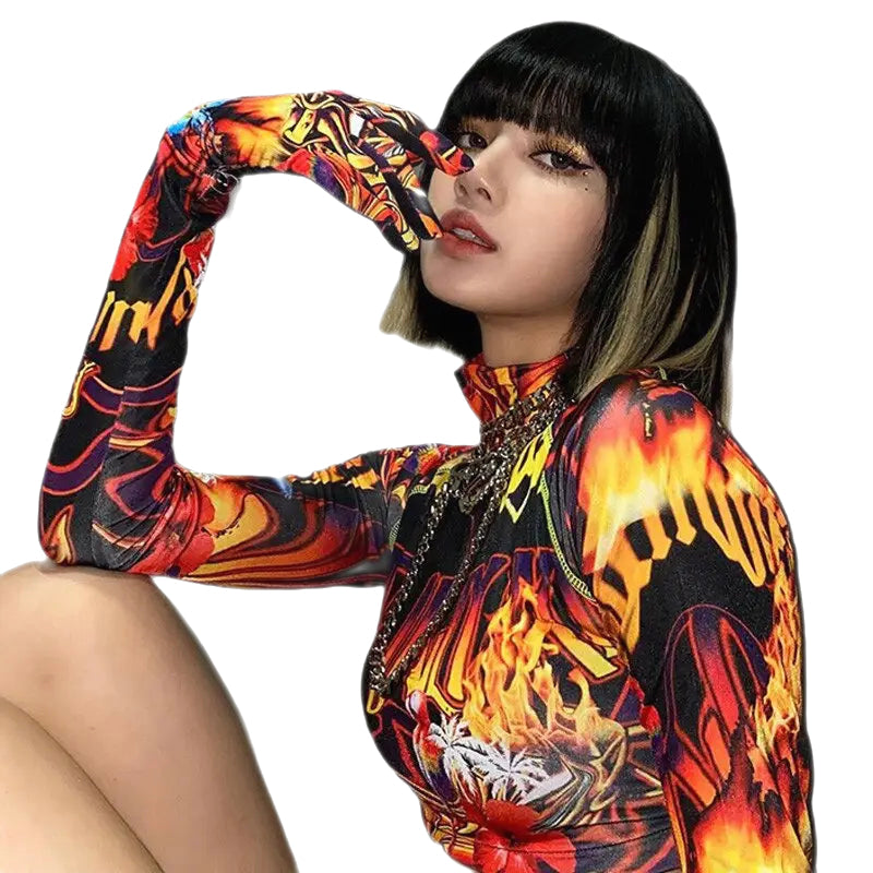 Flame Print Long Sleeve Blouse for Women