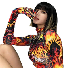 Flame Print Long Sleeve Blouse for Women