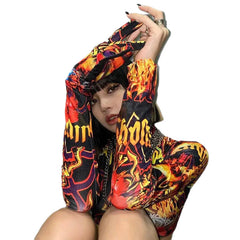Flame Print Long Sleeve Blouse for Women