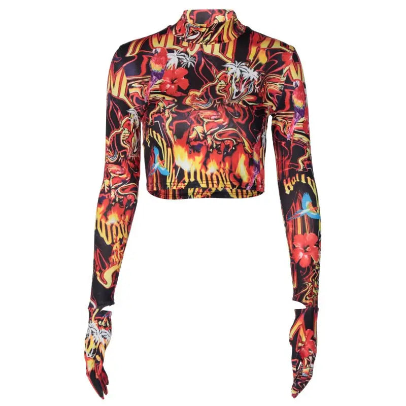 Flame Print Long Sleeve Blouse