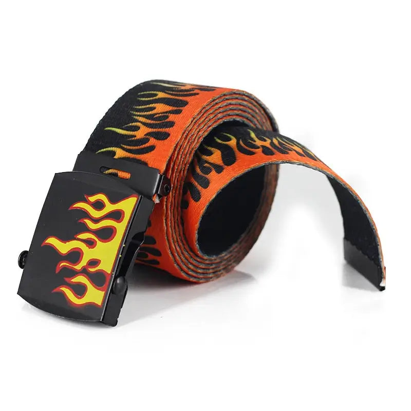 Flame Print Metal Plaque Buckle Belt