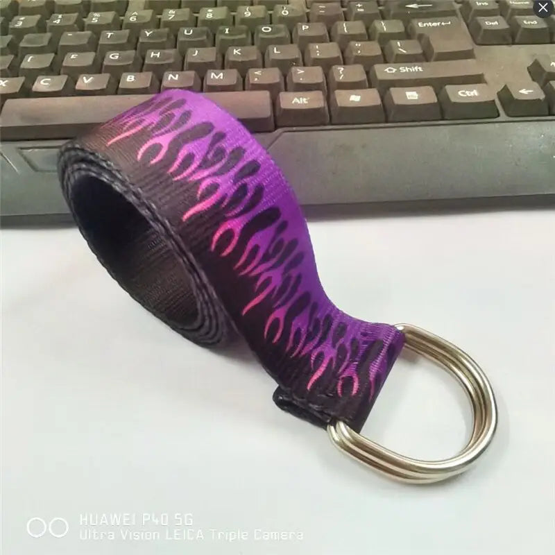 Flame Print Plain Webbing D Buckle Canvas Belt silver