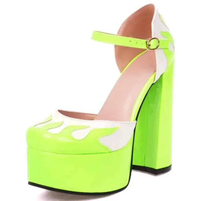 Flame-Shaped Toe Buckle Platform Heeled Shoes - Green / 5