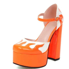 Flame-Shaped Toe Buckle Platform Heeled Shoes - Orange / 5