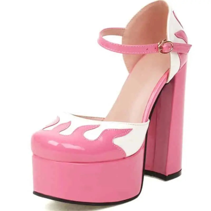 Flame-Shaped Toe Buckle Platform Heeled Shoes - Pink / 5