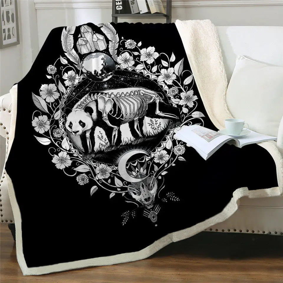 Flannel Fleece Crescent Moon Blanket with Panda Bear Design