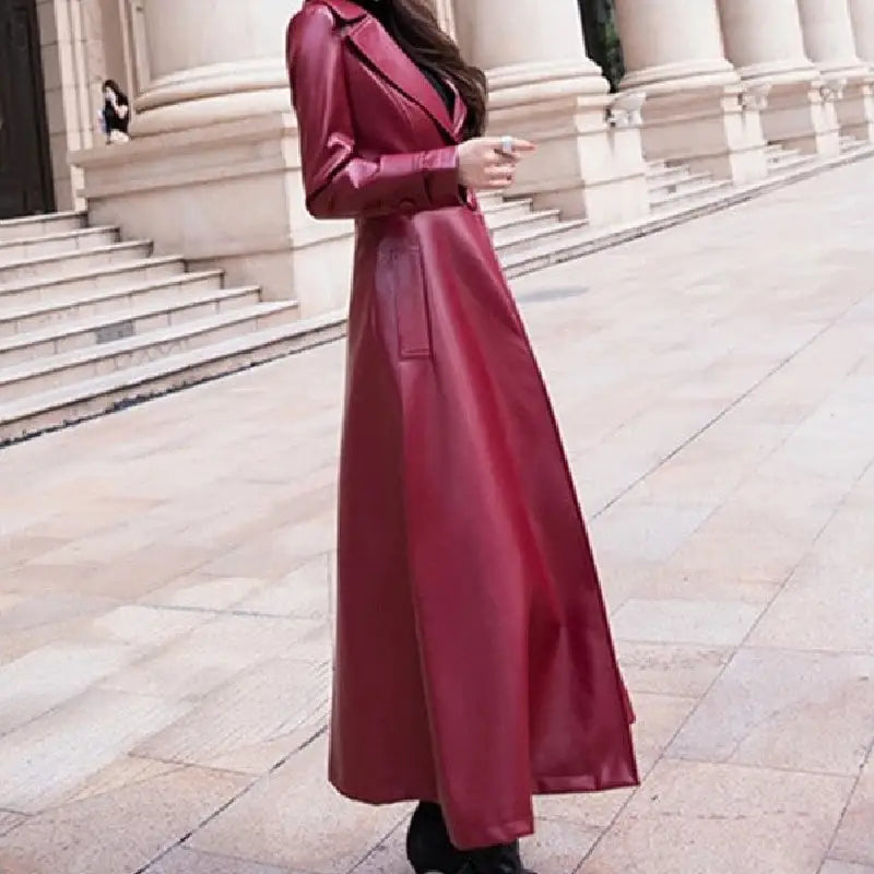 Flare PU Leather Trench Coat Maxi Fit