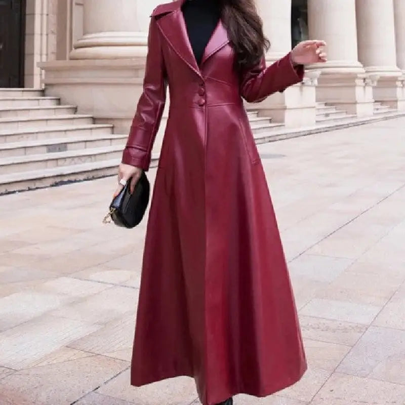 Flare PU Leather Trench Coat Maxi Fit