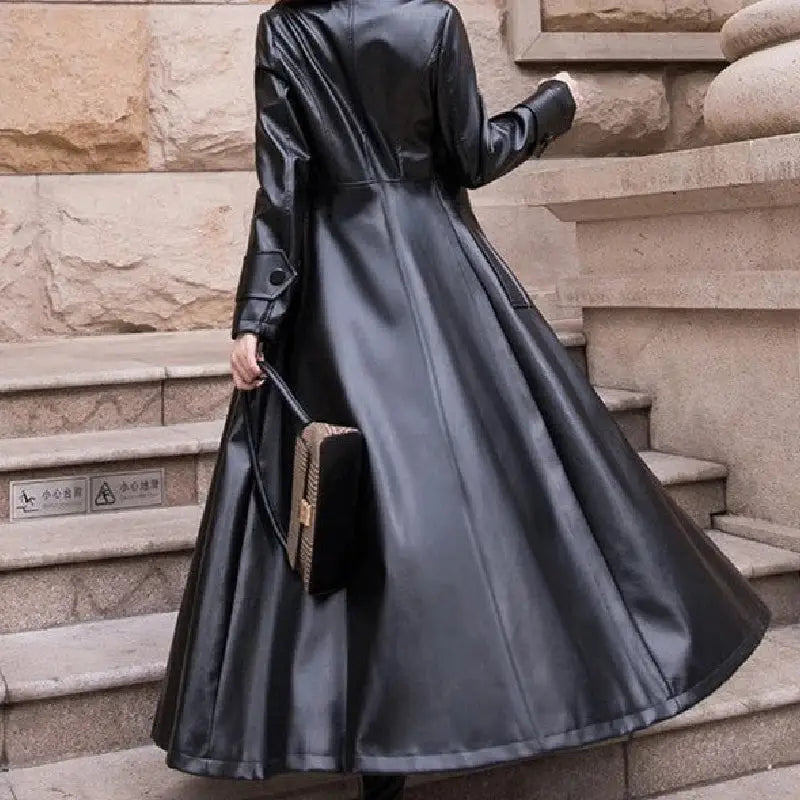 Flare PU Leather Trench Coat Maxi Fit