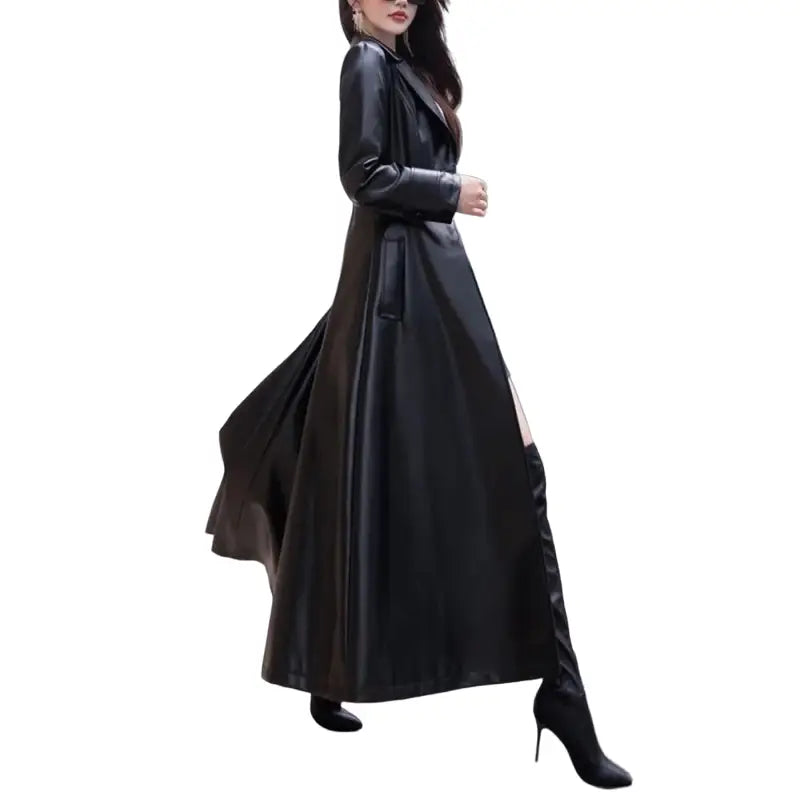Flare PU Leather Trench Coat Maxi Fit Black / S