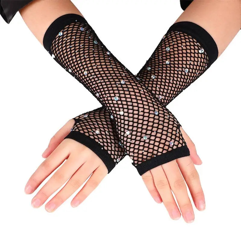 Flash Diamond Mesh Gloves - Black-Short / One Size