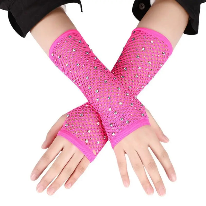 Flash Diamond Mesh Gloves - Pink / One Size