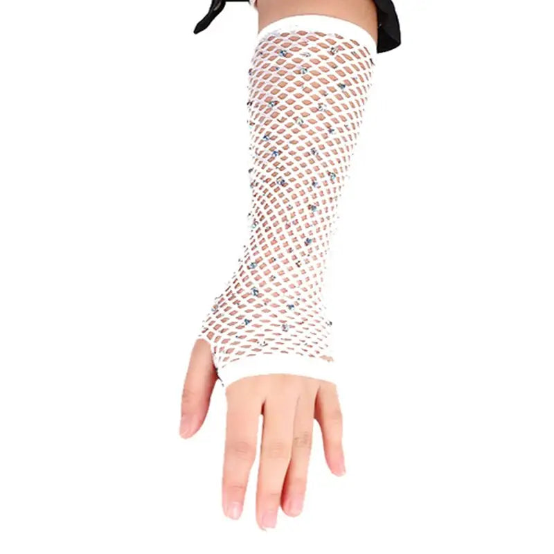 Flash Diamond Mesh Gloves - White-Short / One Size