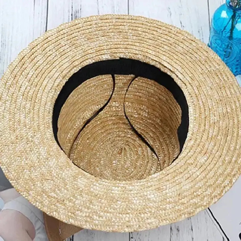 Flat Straw Hat With Black Bow