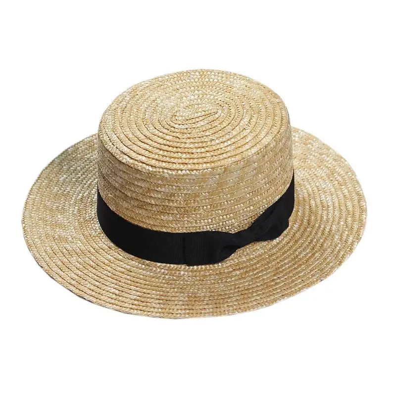 Flat Straw Hat With Black Bow