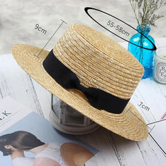 Flat Straw Hat With Black Bow