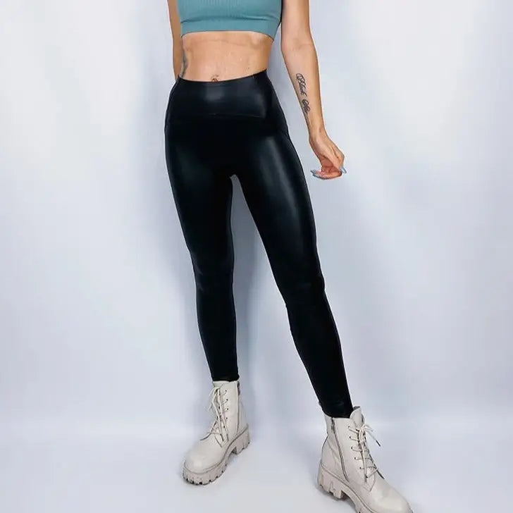 Fleece Matte PU Leather Elastic Slim Legging - Leggings