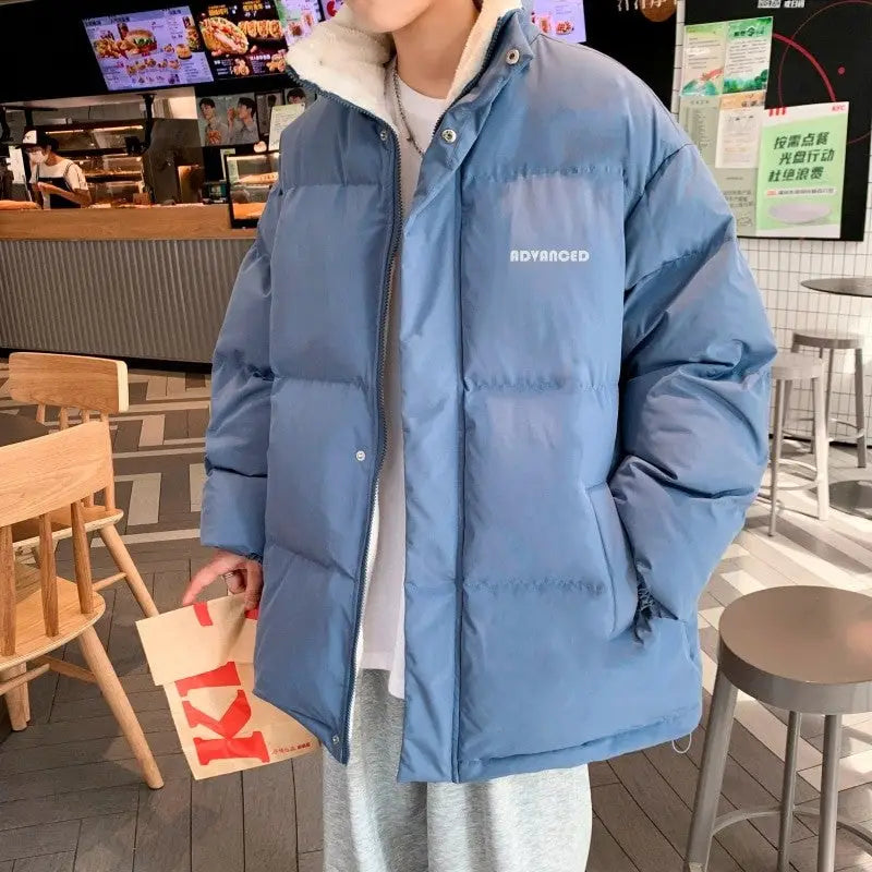Fleece Thicken Letter Graphic Parka Coat for Winter Blue 1