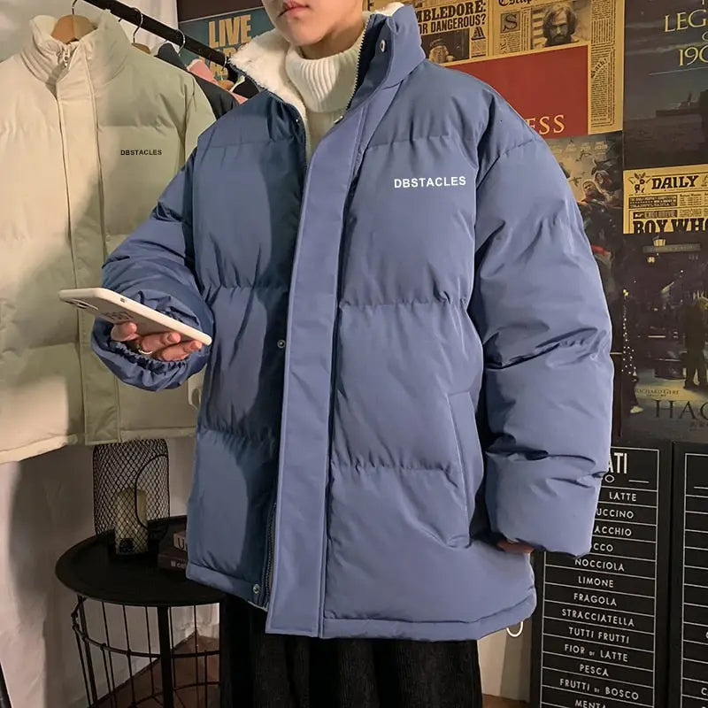 Fleece Thicken Letter Graphic Parka Coat for Winter Blue / M