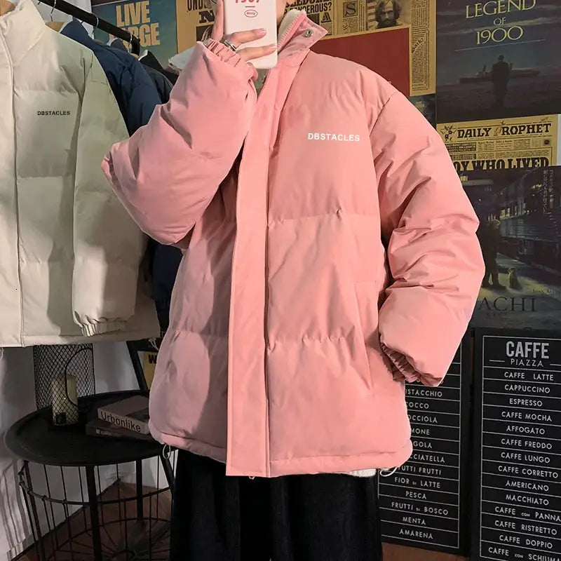 Fleece Thicken Letter Graphic Parka Coat for Winter Pink / M