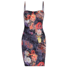 Floral Camouflage Backless Suspender Dress - BLACK / S